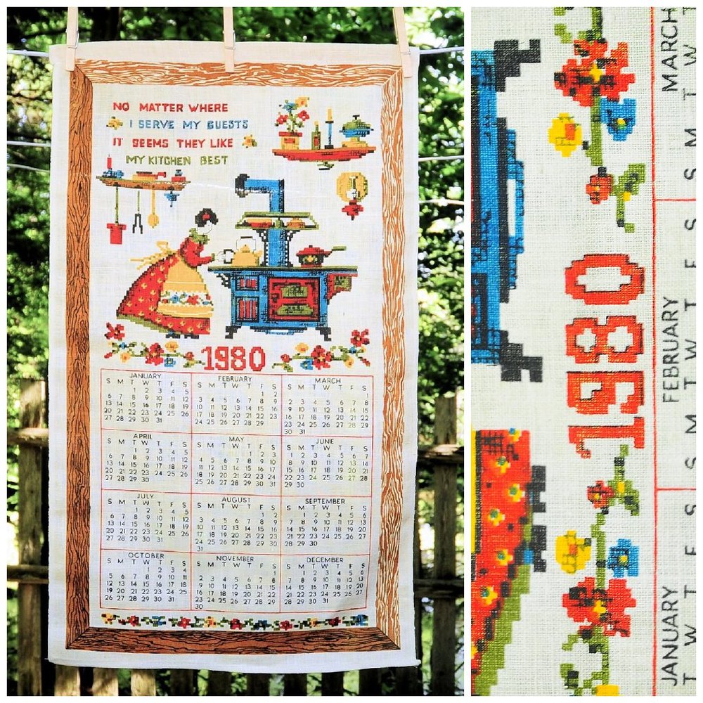 VTG 1980 Faux Cross Stitch Colonial Calendar Towel 'Guests Like Kitchen Best'